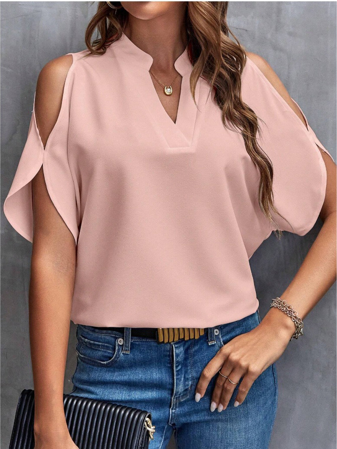 Honeybee Mumford's Notched Cold Shoulder Half Sleeve Blouse