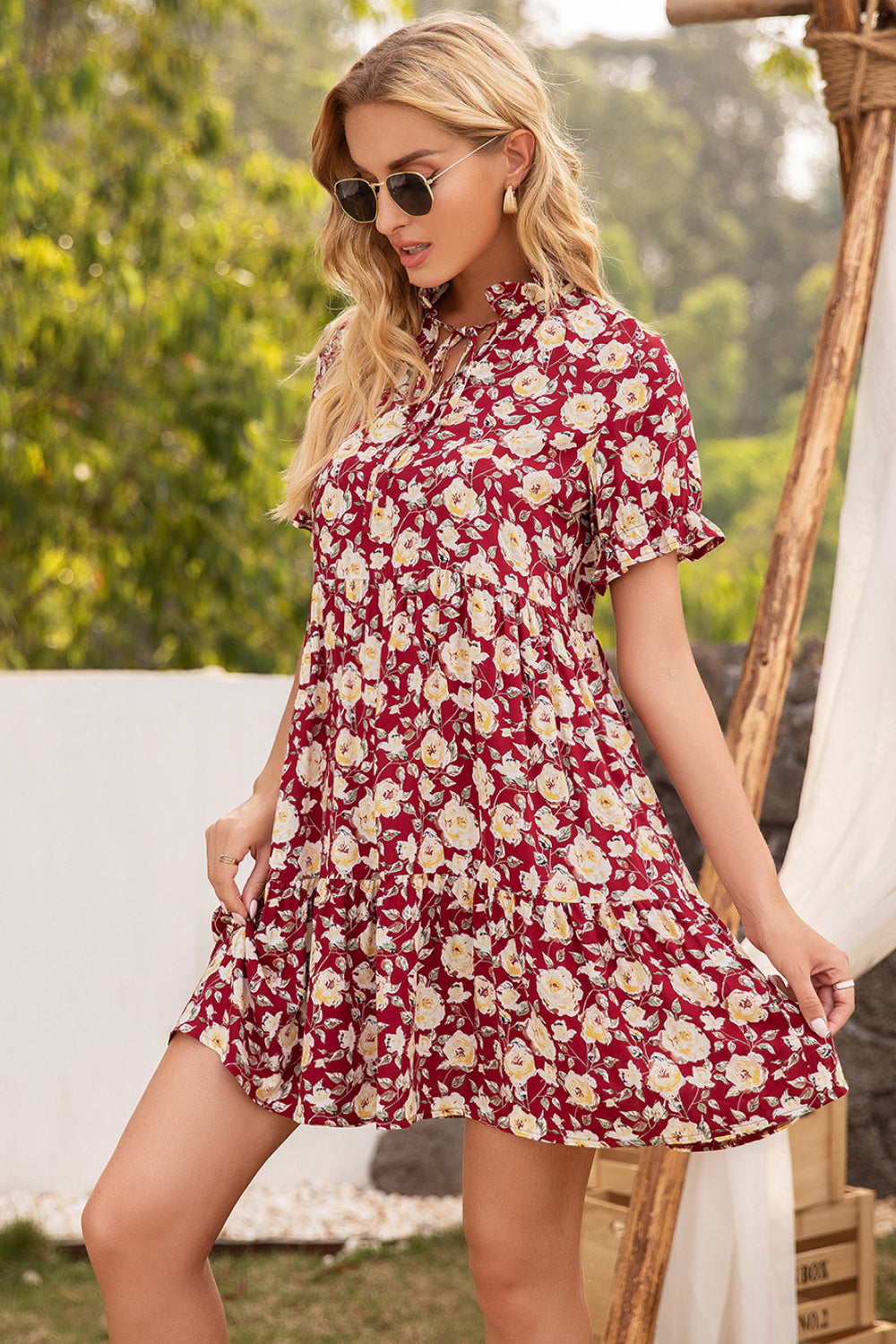 Honeybee Mumford's Floral Ruffle Trim Tie-Neck Dress