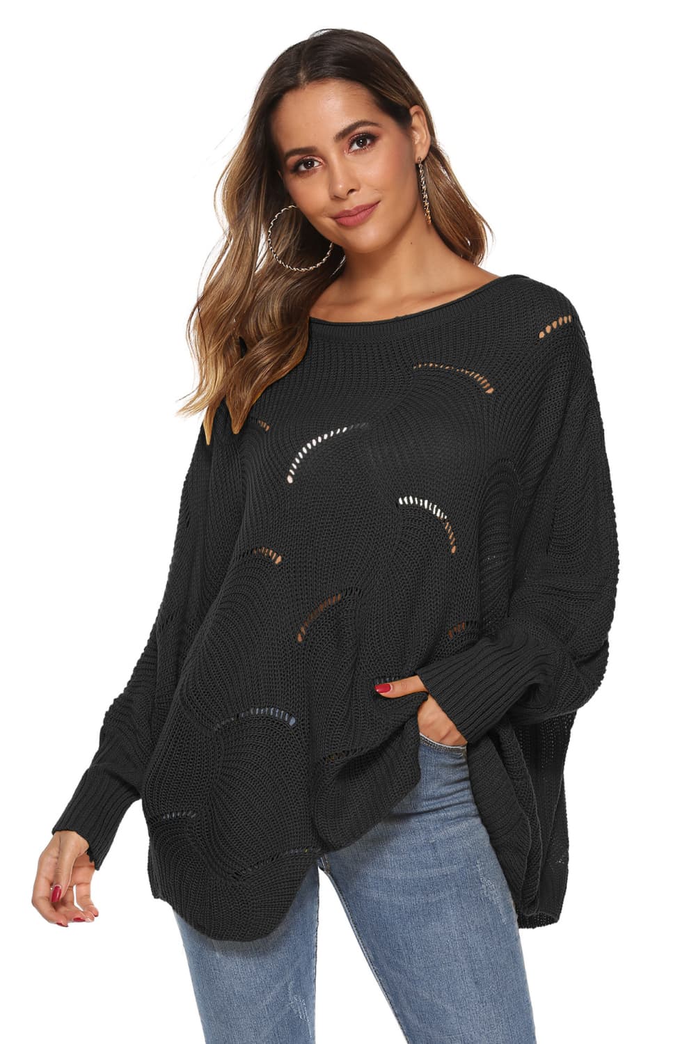 Honeybee Mumford's Round Neck Long Sleeve Openwork Sweater