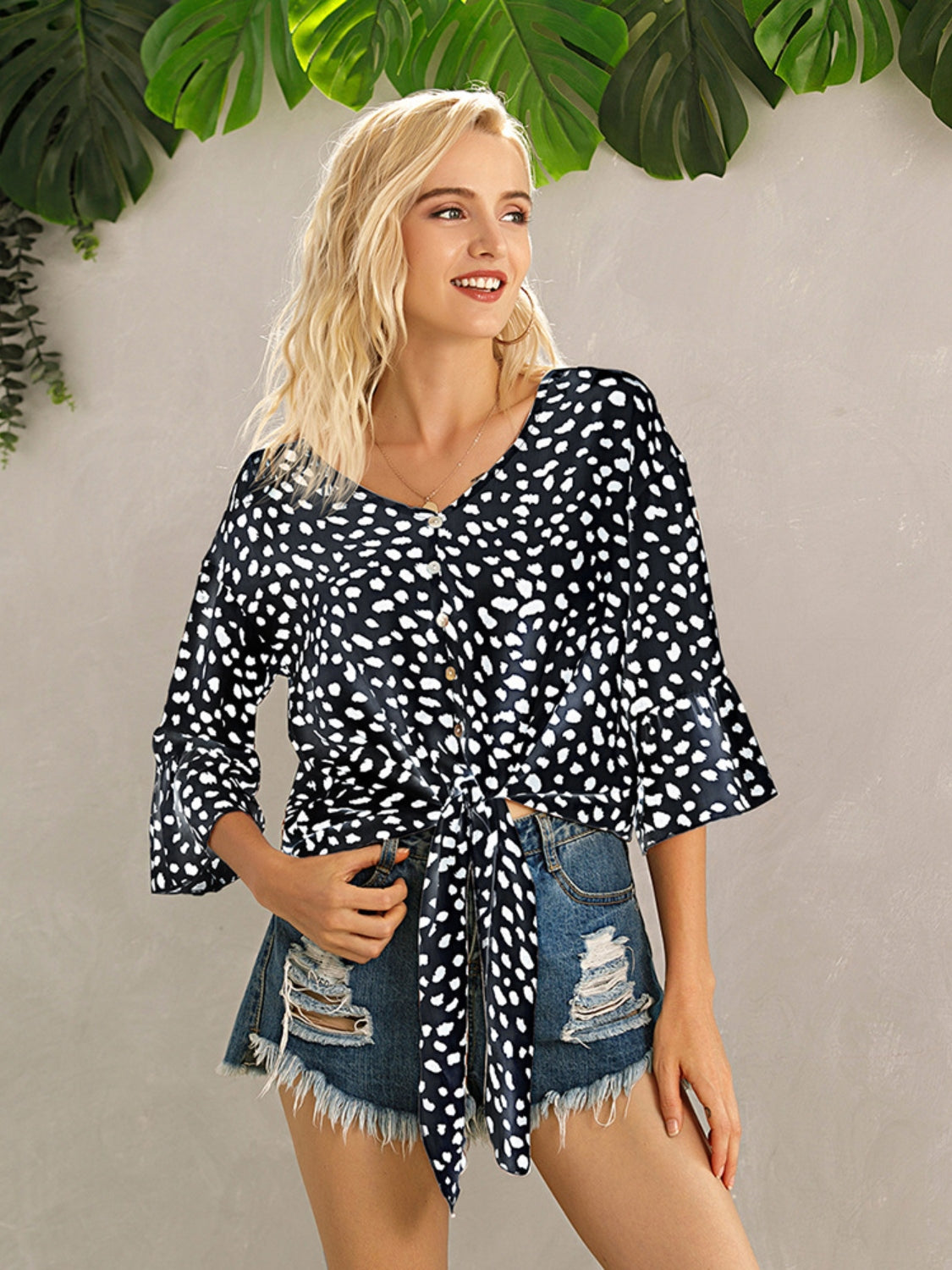 Honeybee Mumford's Tied Printed Button Up V-Neck Blouse