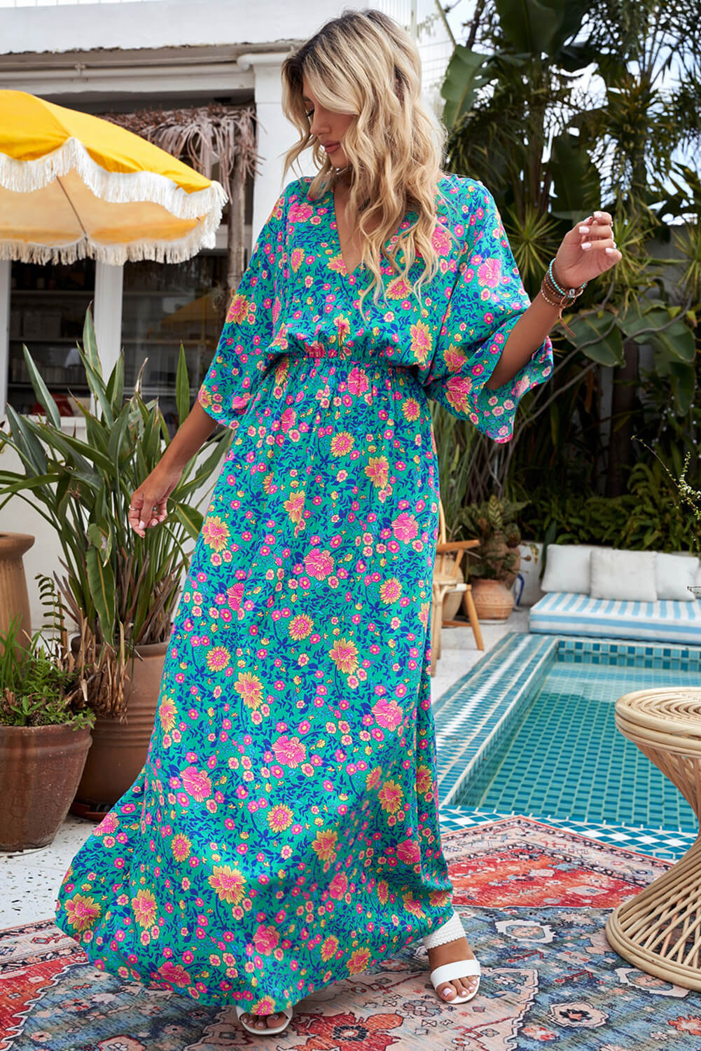 Honeybee Mumford's Floral Three-Quarter Sleeve V-Neck Dress