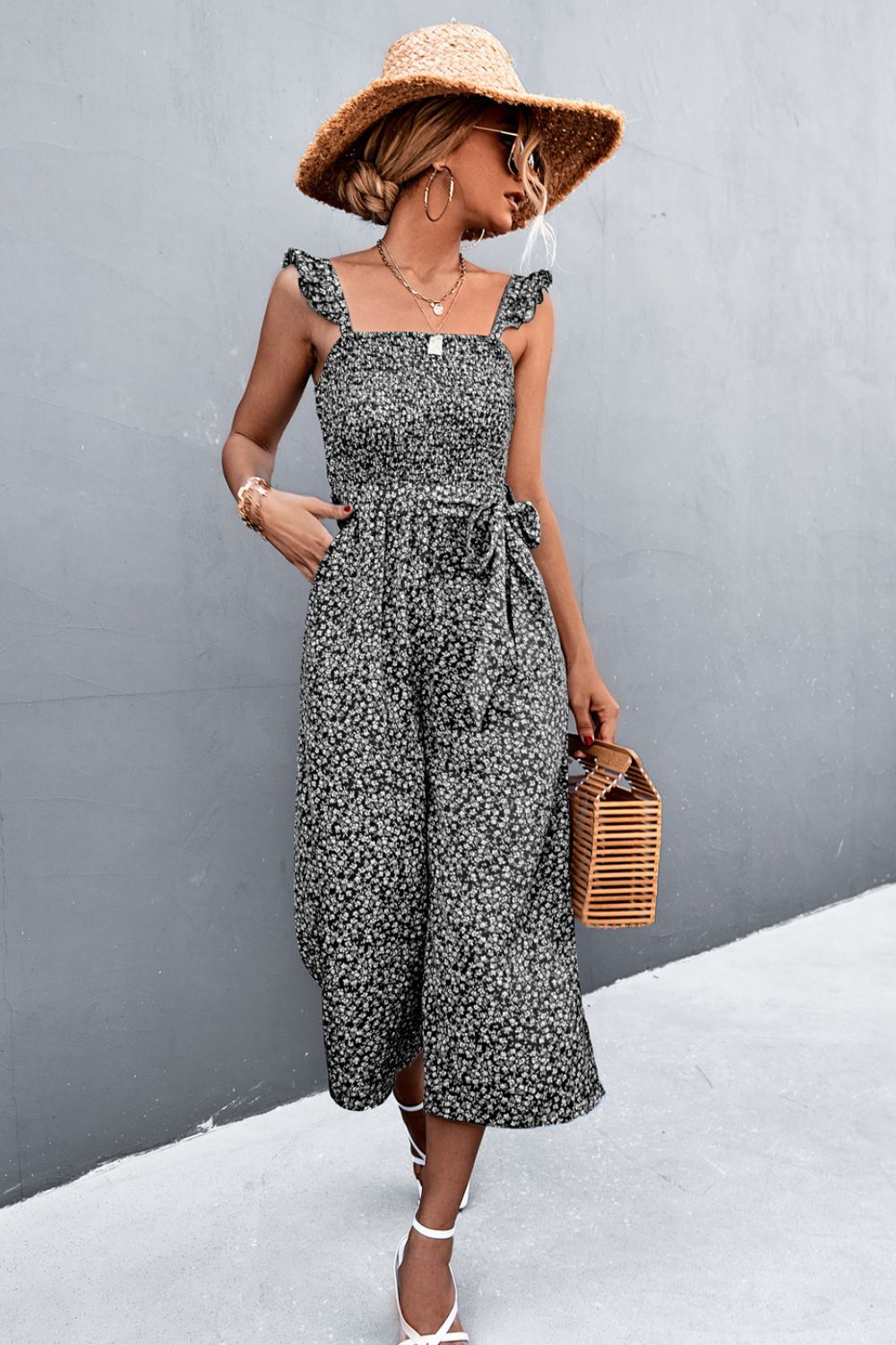 Honeybee Mumford's Printed Ruffle Strap Smocked Belted Jumpsuit