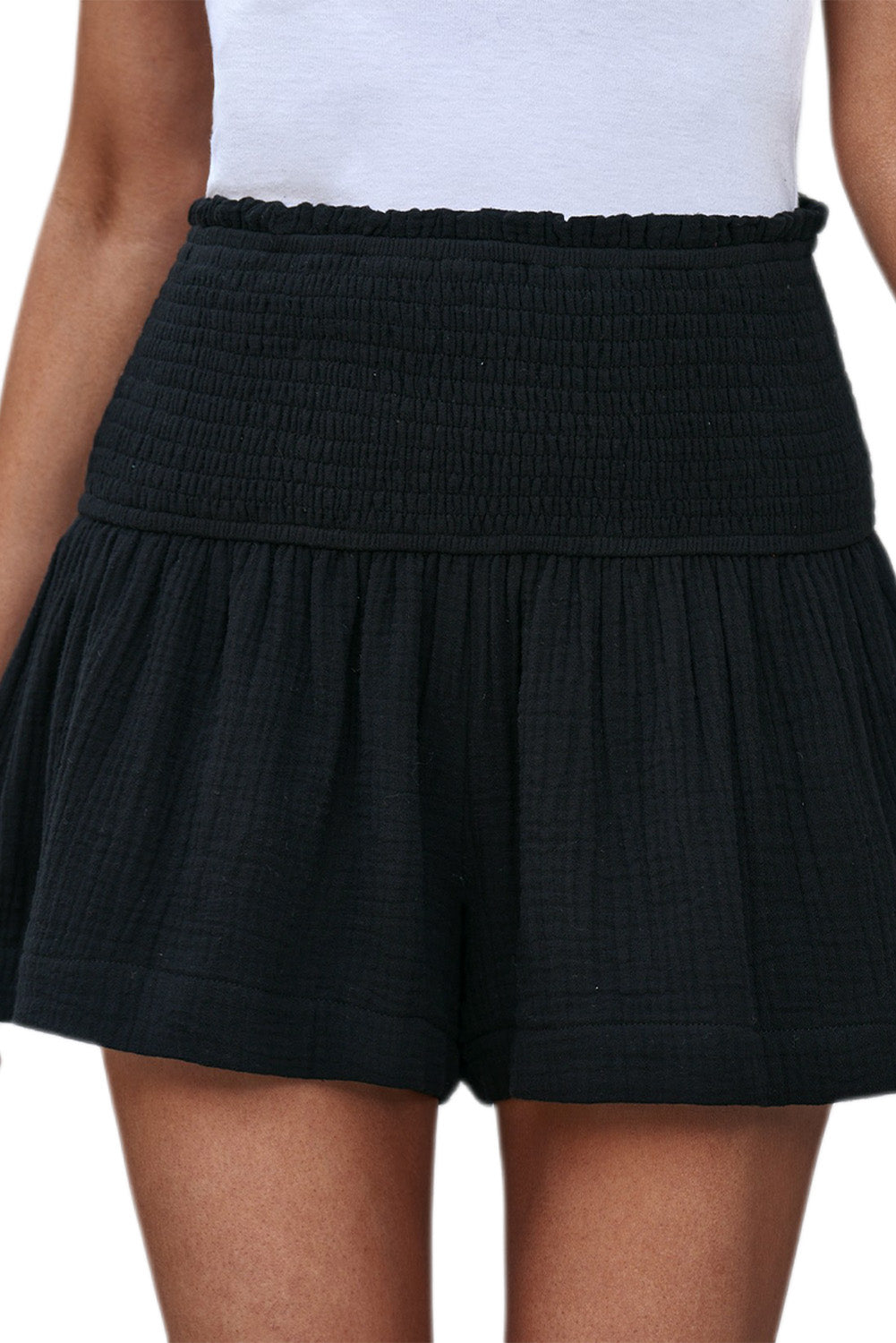 Honeybee Mumford's Black Smocked High Waist Ruffle Shorts