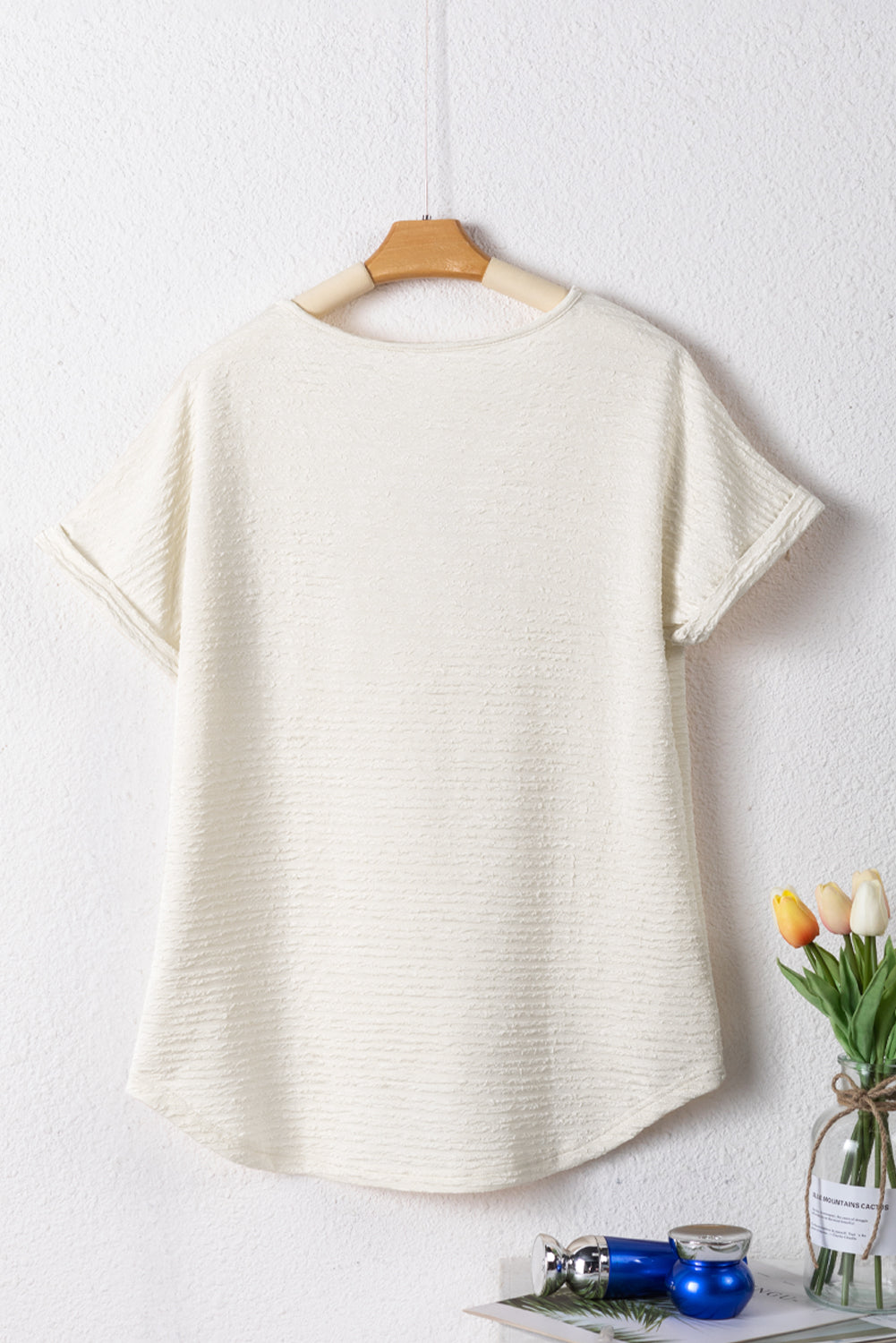 Honeybee Mumford's Pale Khaki Textured Wide Sleeve V Neck T Shirt