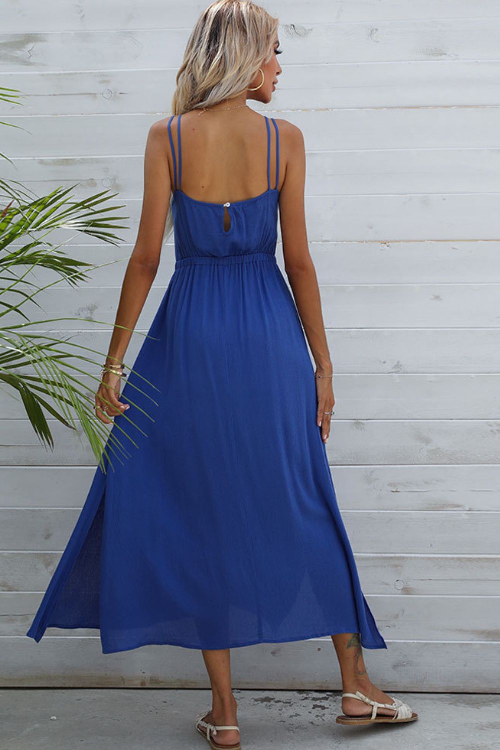 Honeybee Mumford's Blue Double-Strap Side Slit Dress