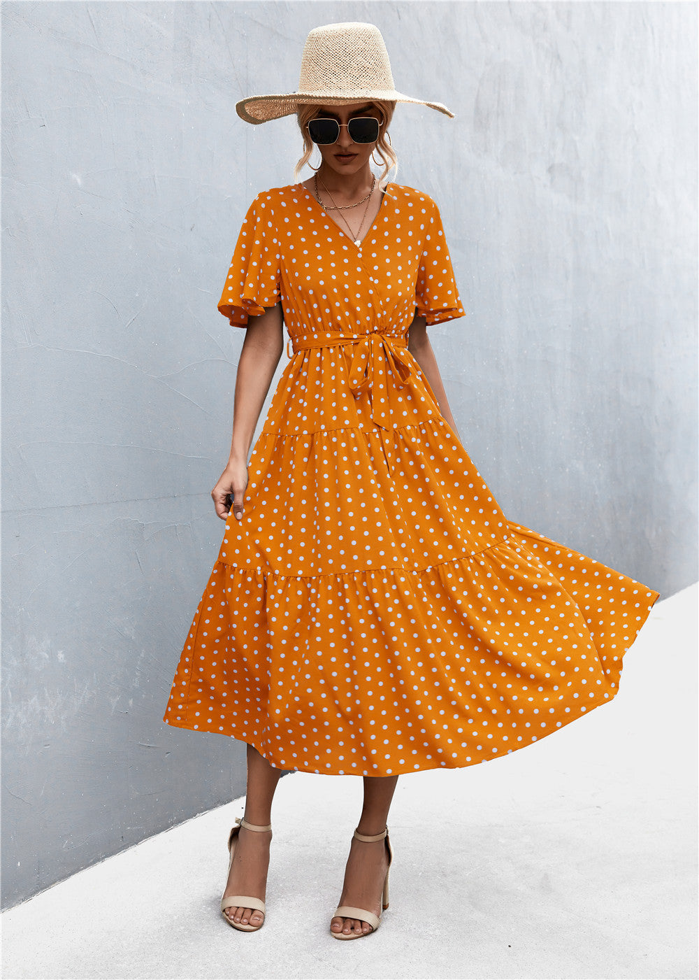 Honeybee Mumford's V-Neck Flutter Sleeve Belted Dress