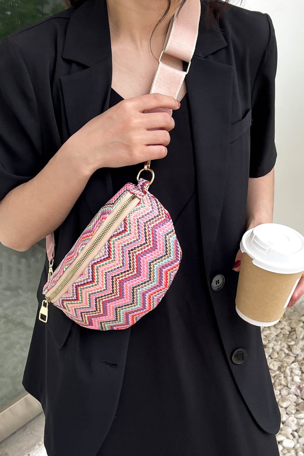 honeybee Mumford's Chevron Straw Sling Bag