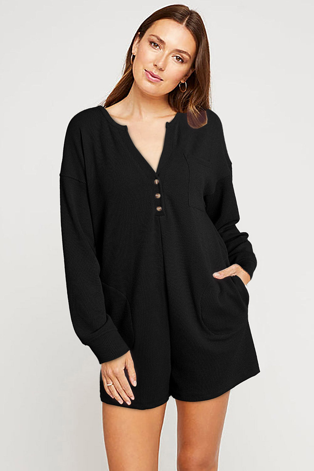 Honeybee Mumford's Black Brushed Ribbed Button Split V Neck Long Sleeve Romper