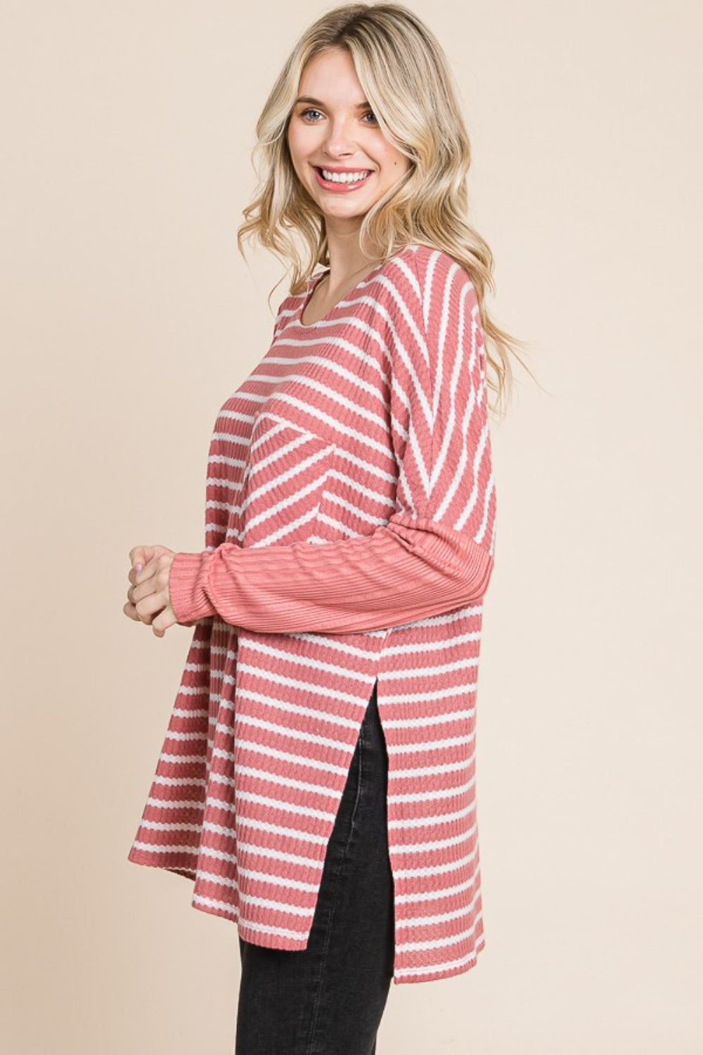 Honeybee Mumford's Culture Code Oversize Striped Round Neck Long Sleeve Slit T-Shirt