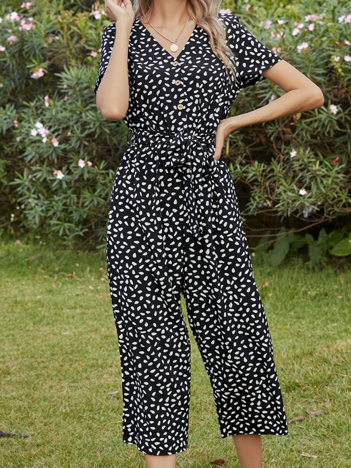 Honeybee Mumford's Printed V-Neck Short Sleeve Jumpsuit