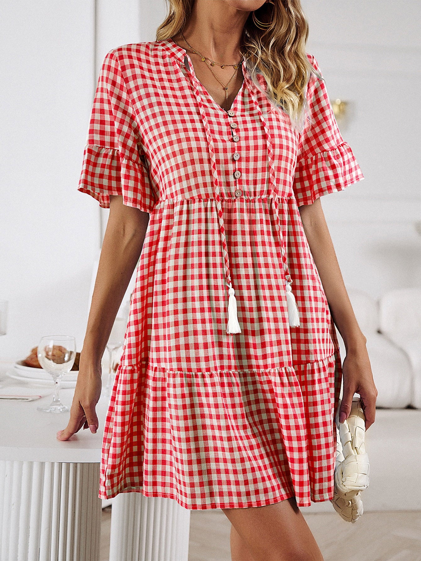 Honeybee Mumford's Plaid Flounce Sleeve Buttoned Mini/ short Dress