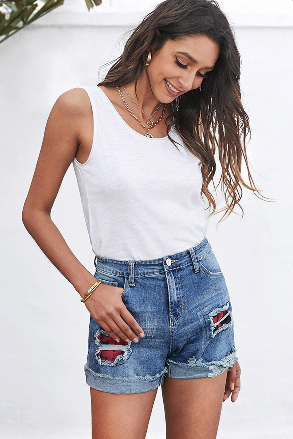 Honeybee Mumford's Plaid Patchwork Rolled Hem Denim Shorts