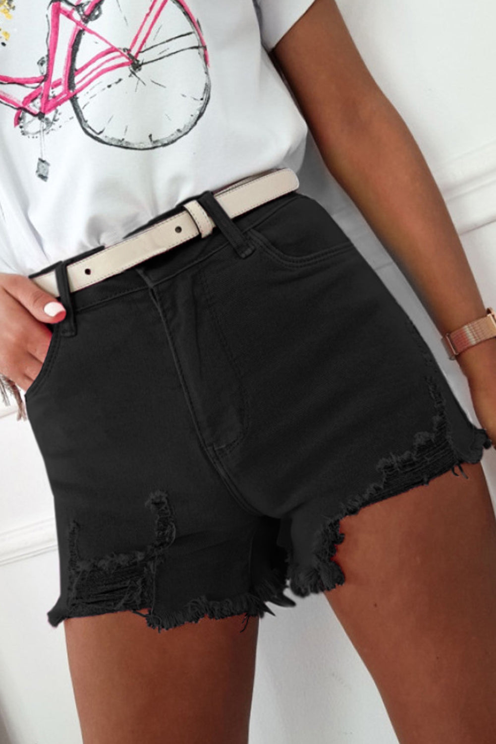 Honeybee Mumford's Black Solid Color Distressed Denim Shorts