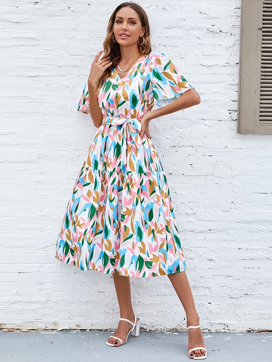 Honeybee Mumford's Printed Tie-Waist V-Neck Flutter Sleeve Dress