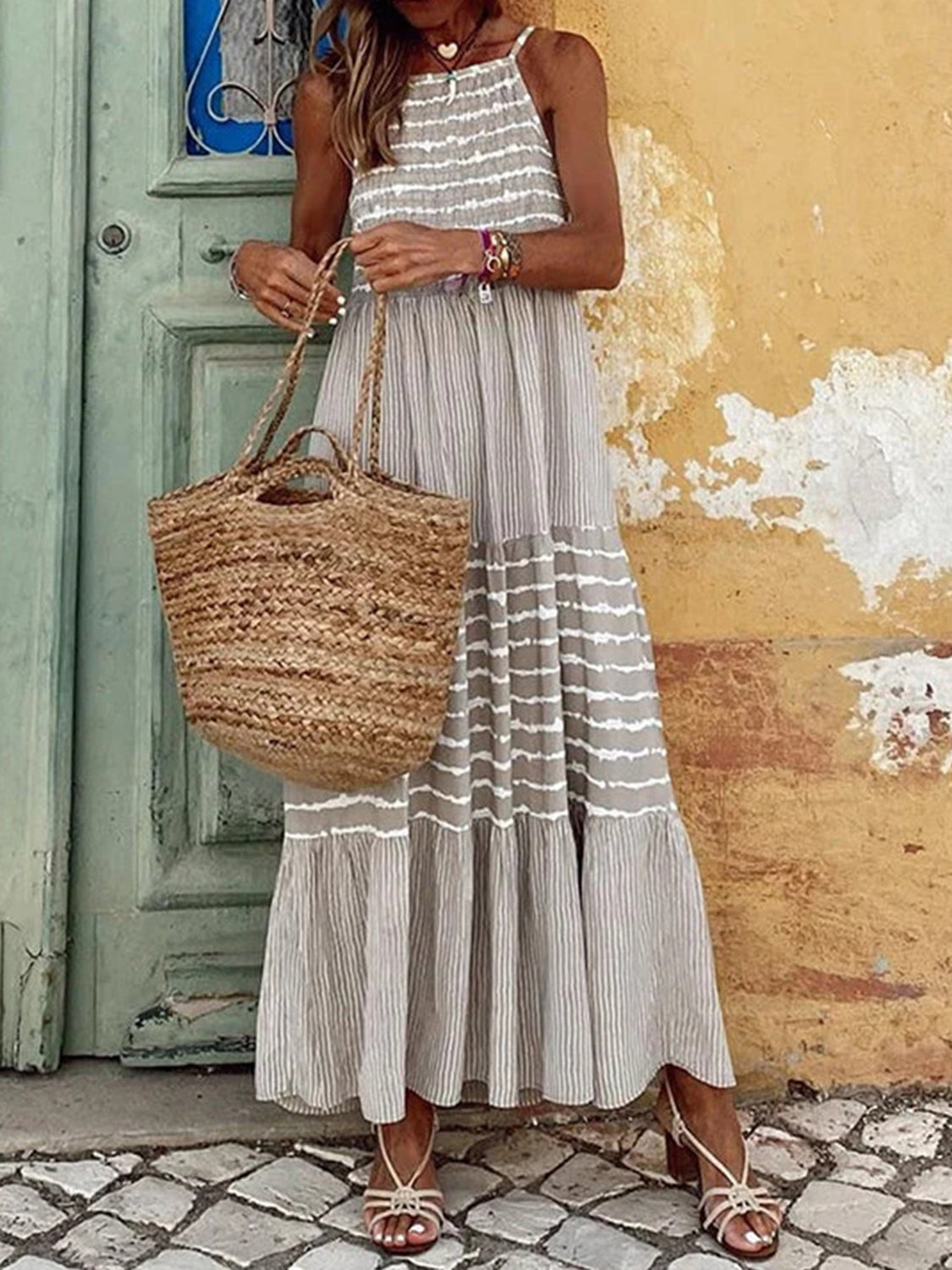 Honeybee Mumford's Tiered Striped Sleeveless Maxi Dress