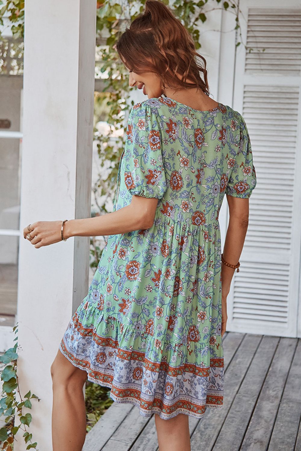 Honeybee Mumford's Tie Neck Short Sleeve Mini Dress