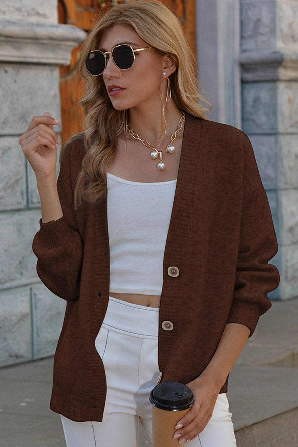 Honeybee Mumford's V-Neck Button-Down Dropped Shoulder Cardigan