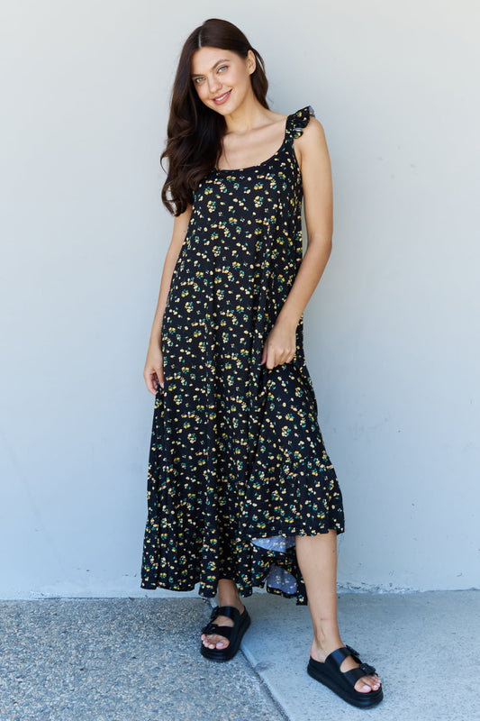 Honeybee Mumford's Doublju In The Garden Ruffle Floral Maxi Dress in Black Yellow Floral