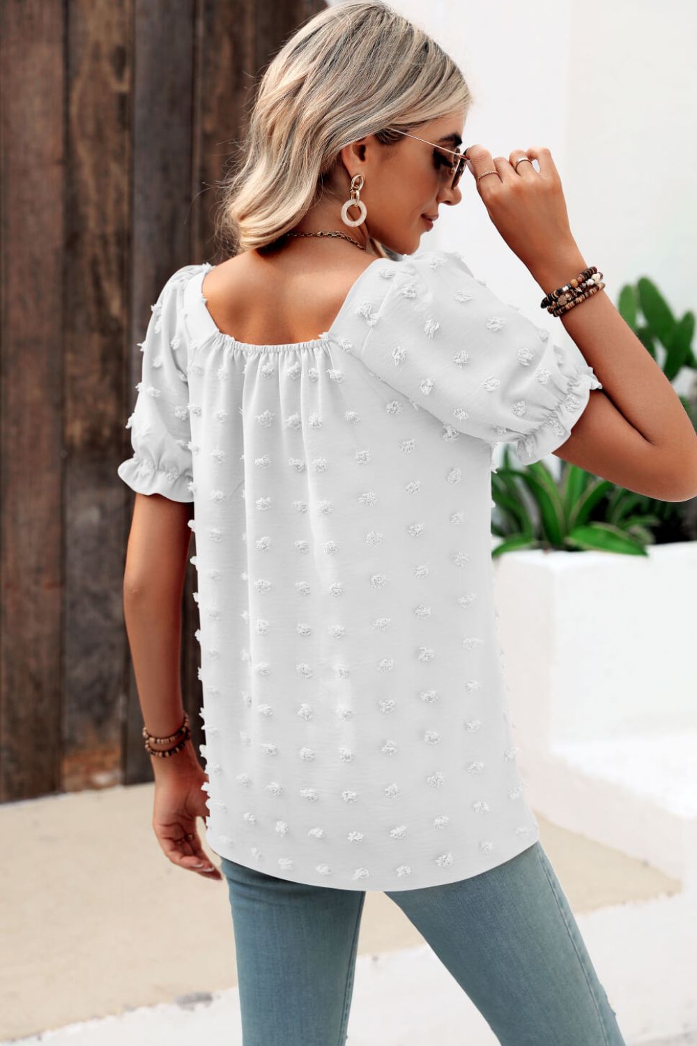 Honeybee Mumford's Swiss Dot Puff Sleeve Square Neck Blouse