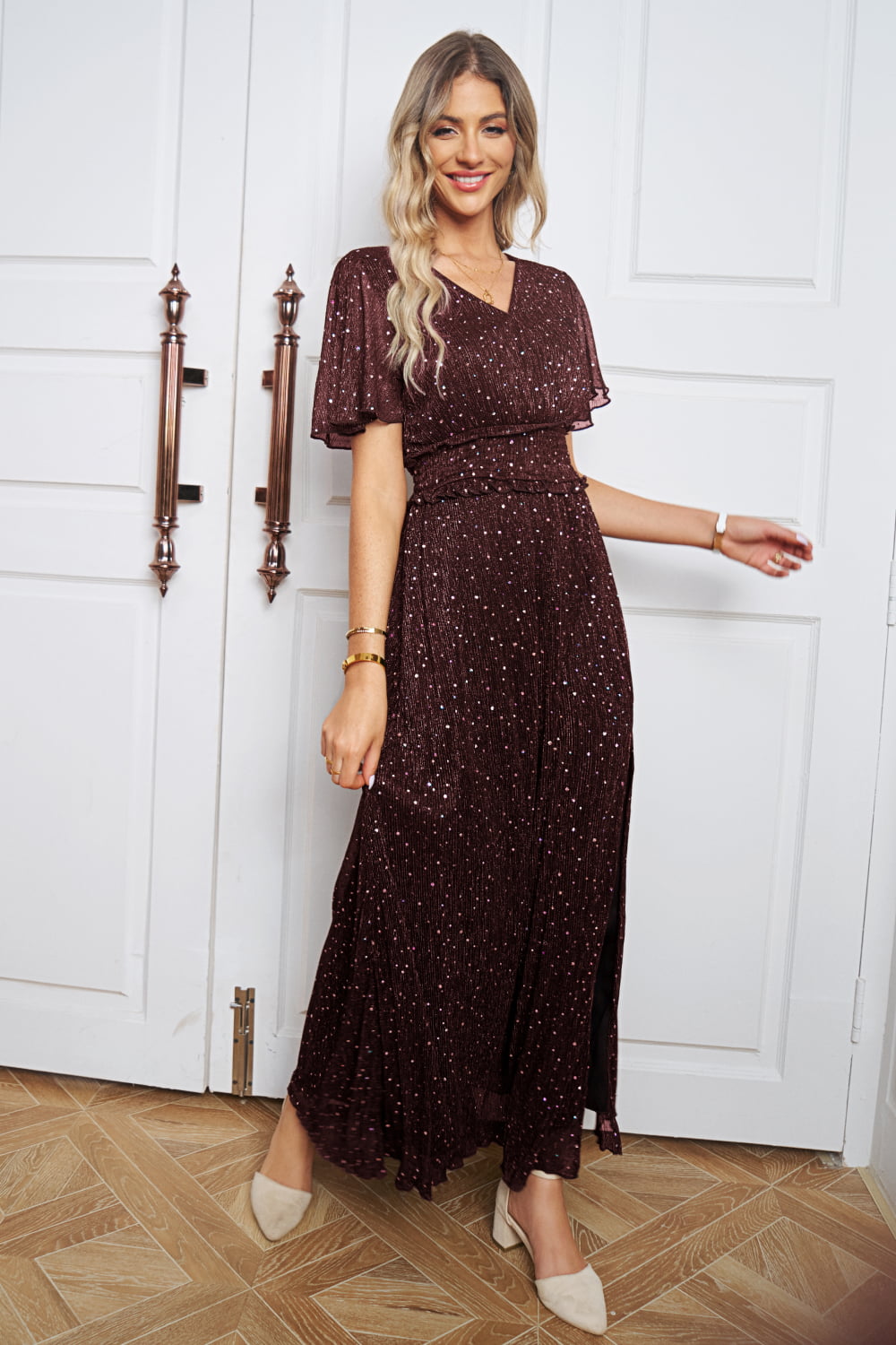 Honeybee Mumford's V-Neck High Slit Glitter Maxi Dress