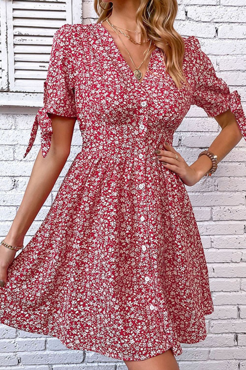 Honeybee Mumford's Floral Tied Puff Sleeve Button Front Dress