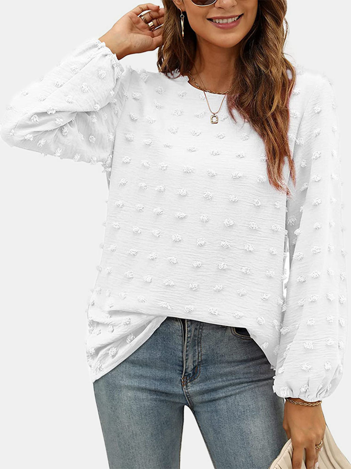 Honeybee Mumford's Swiss Dot Round Neck Long Sleeve Blouse