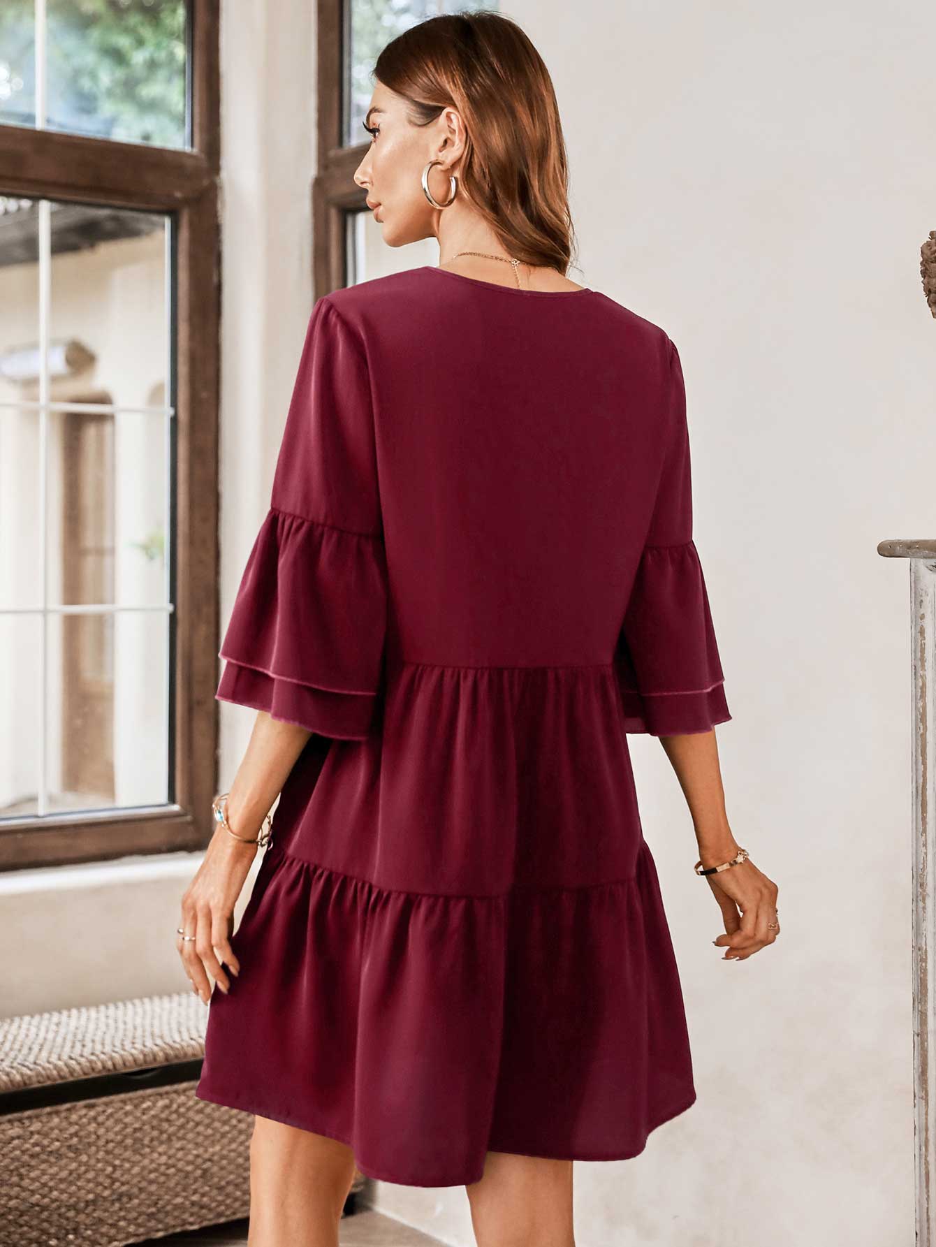 Honeybee Mumford's V-Neck Three-Quarter Flounce Sleeve Tiered Dress