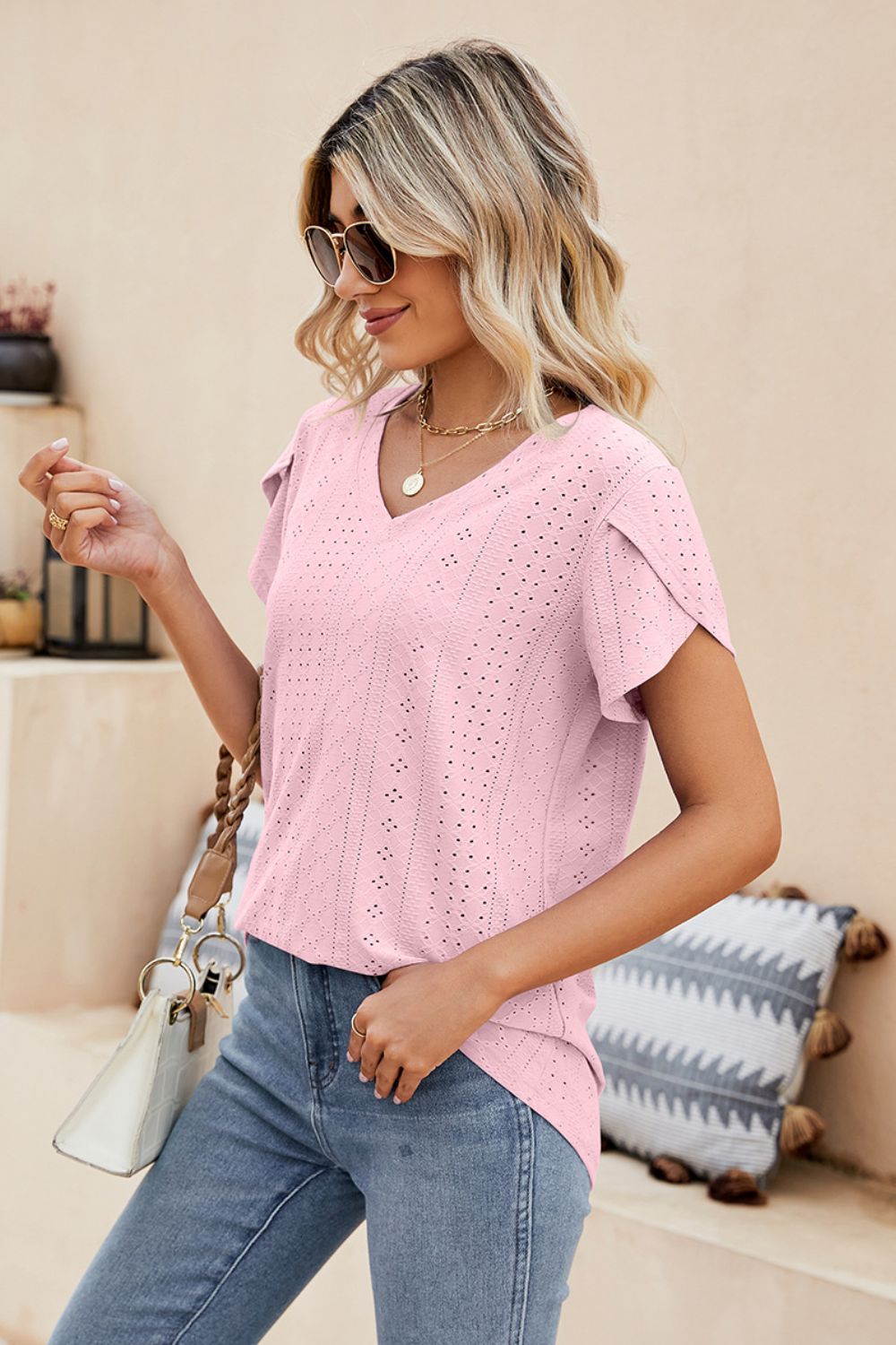 Honeybee Mumford's Eyelet Petal Sleeve V-Neck Knit Top