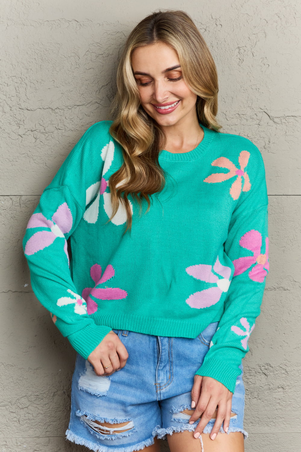 Honeybee Mumford's Floral Dropped Shoulder Ribbed Trim Sweater