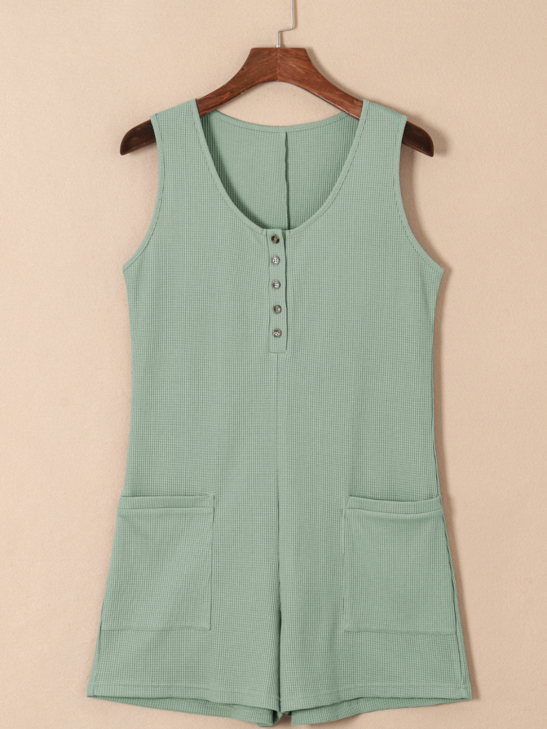 Honeybee Mumford's Waffle-Knit Half Button Sleeveless Romper with Pockets