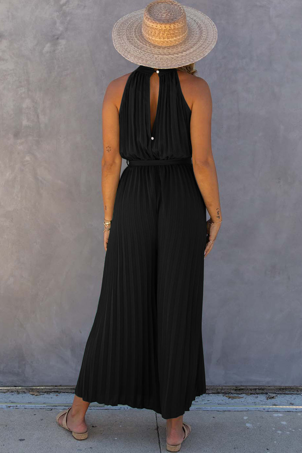 honeybee Mumford's Black Halter Neck Pleated Wide Leg Jumpsuit with Belt