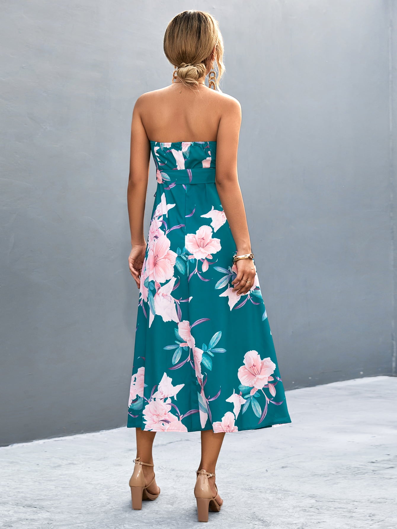 Honeybee Mumford's Floral Print Tie Waist Straight Neck Midi Dress