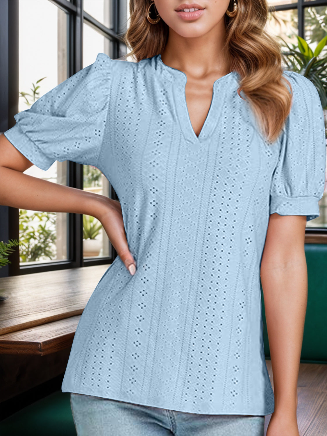 Honeybee Mumford's Eyelet Notched Short Sleeve Blouse