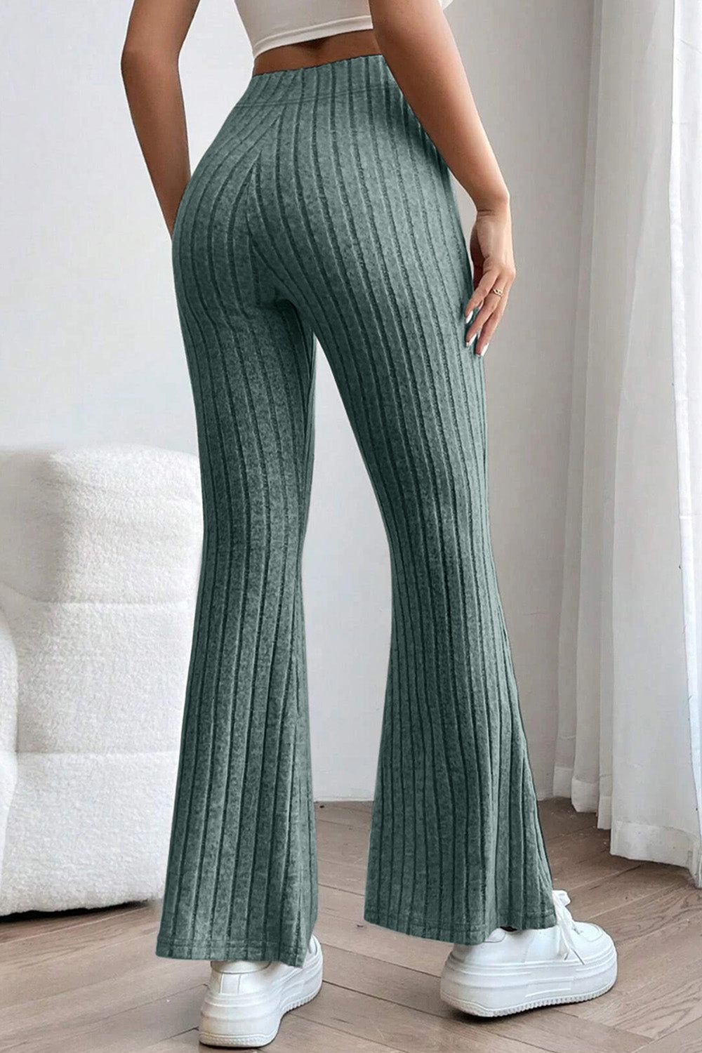 honeybee Mumford's Ribbed High Waist Flare Pants (Black , Dark Blue, Deep Teal, Light Gray colors)