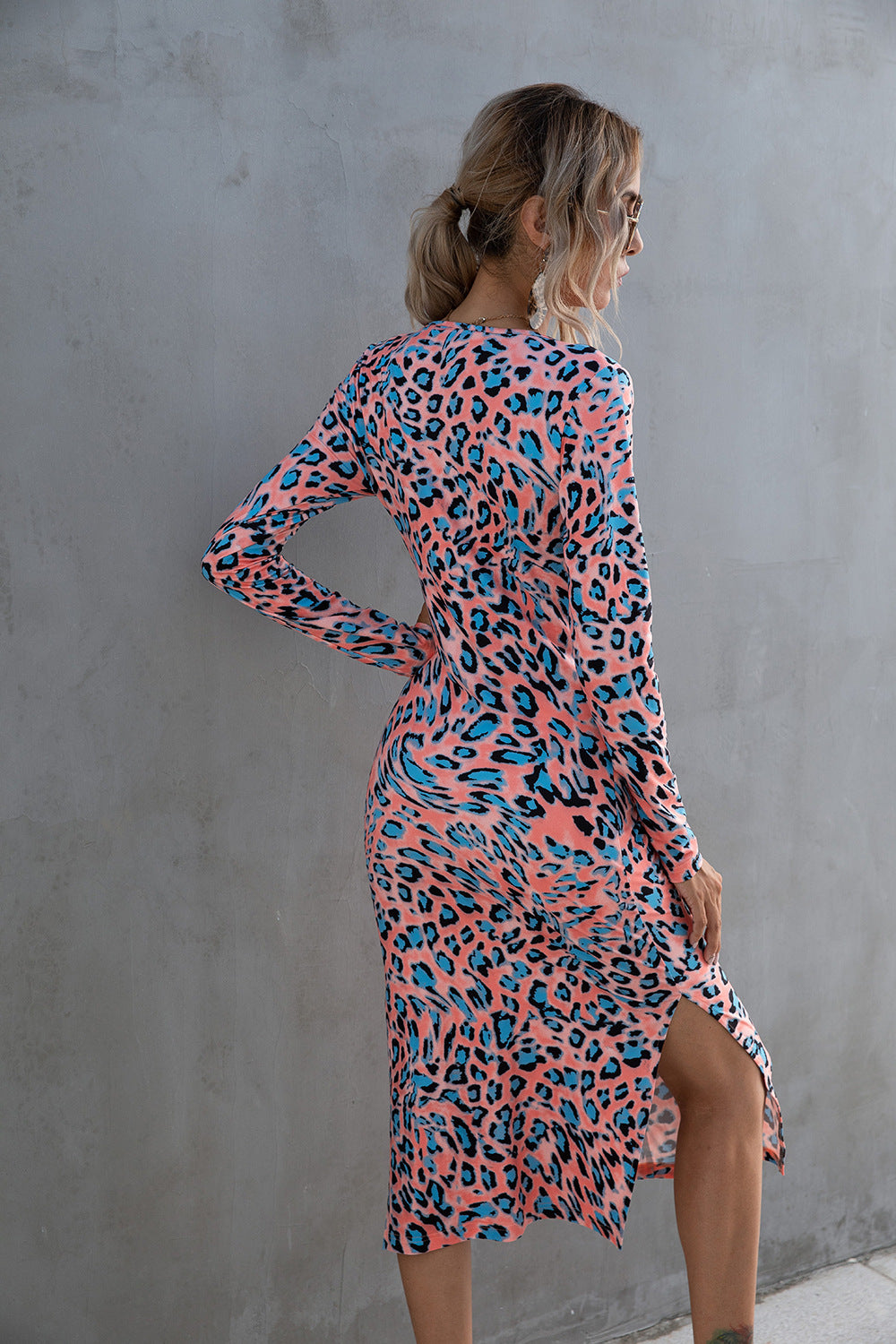 Honeybee Mumford's Leopard Twisted Slit Long Sleeve Dress