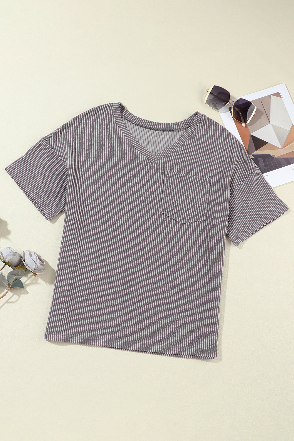 Honeybee Mumford's Light Grey Corded V Neck Chest Pocket Loose T-shirt