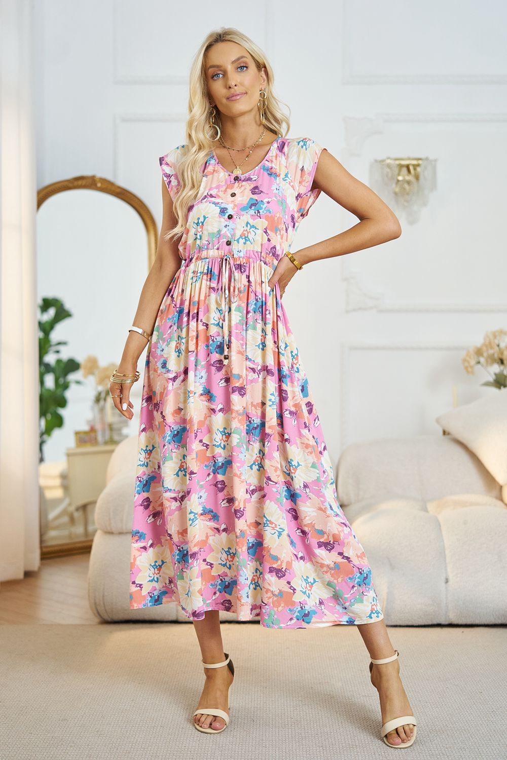 Honeybee Mumford's Floral V-Neck A-Line Midi Dress