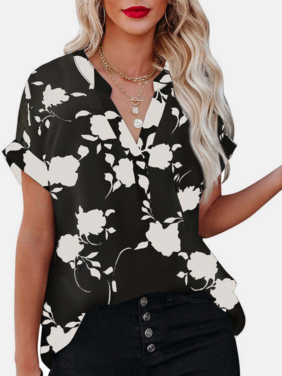 Honeybee Mumford's Printed Notched Short Sleeve Blouse