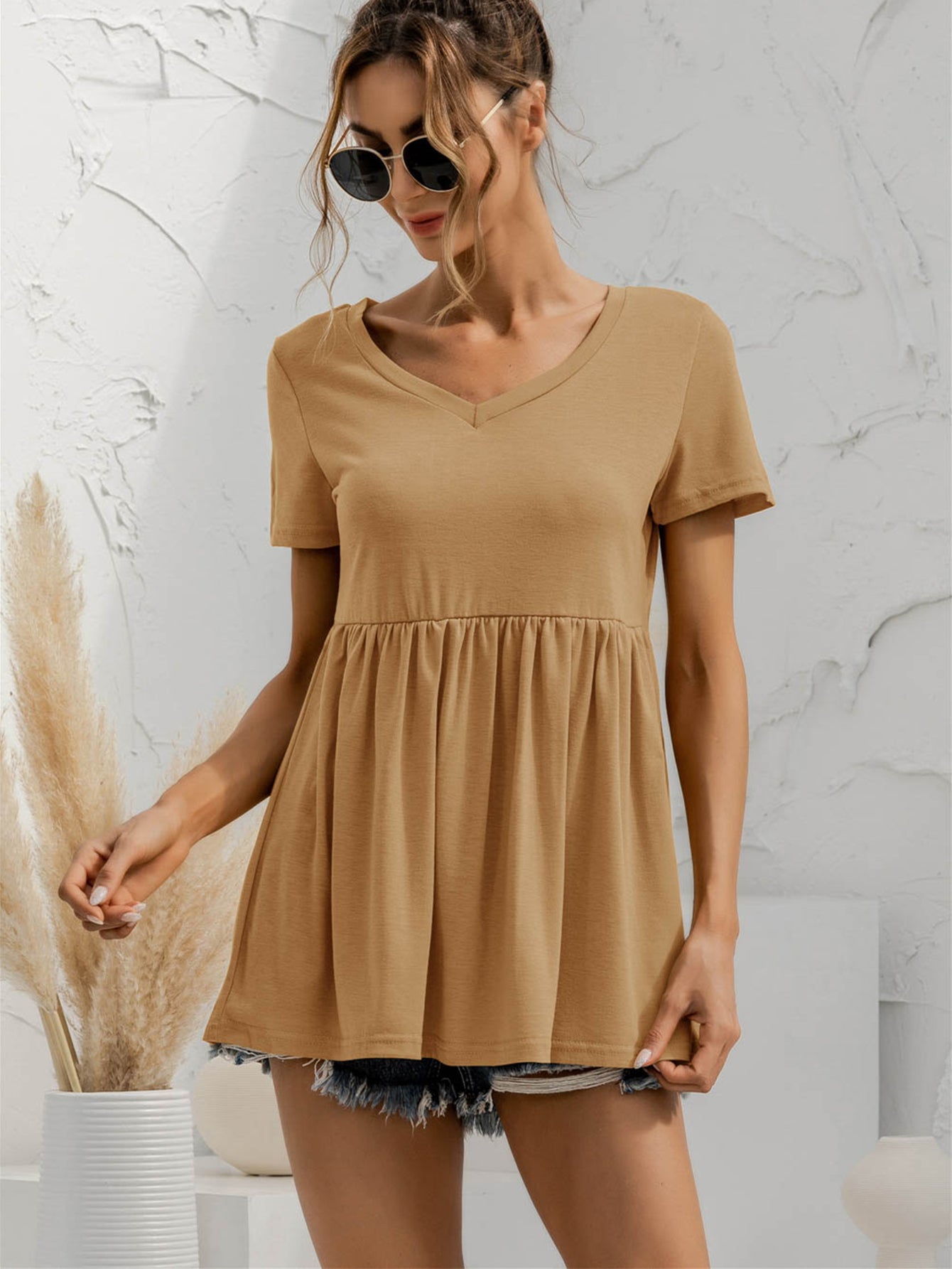 Honeybee Mumford's V-Neck Short Sleeve Babydoll Top