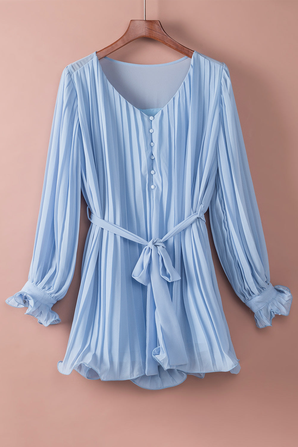 Honeybee Mumford's Sky Blue Pleated Ruffled Tie Waist Buttons V Neck Romper