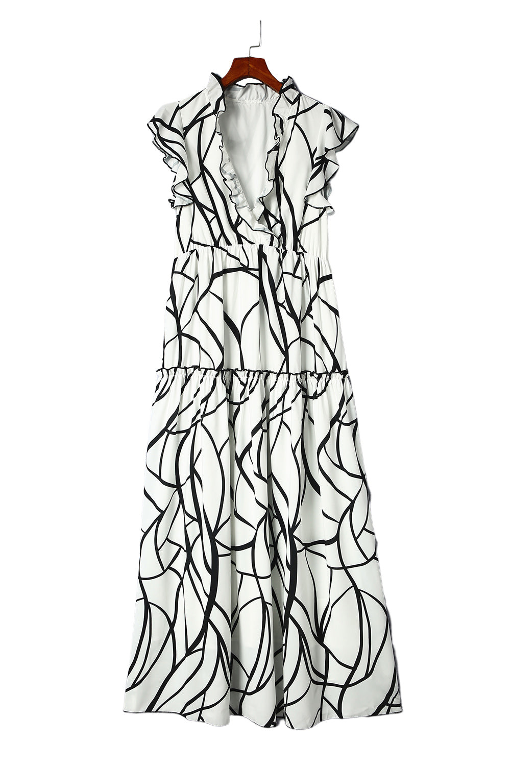 Honeybee Mumford's White Abstract Vein Print V Neck Ruffle Maxi Dress