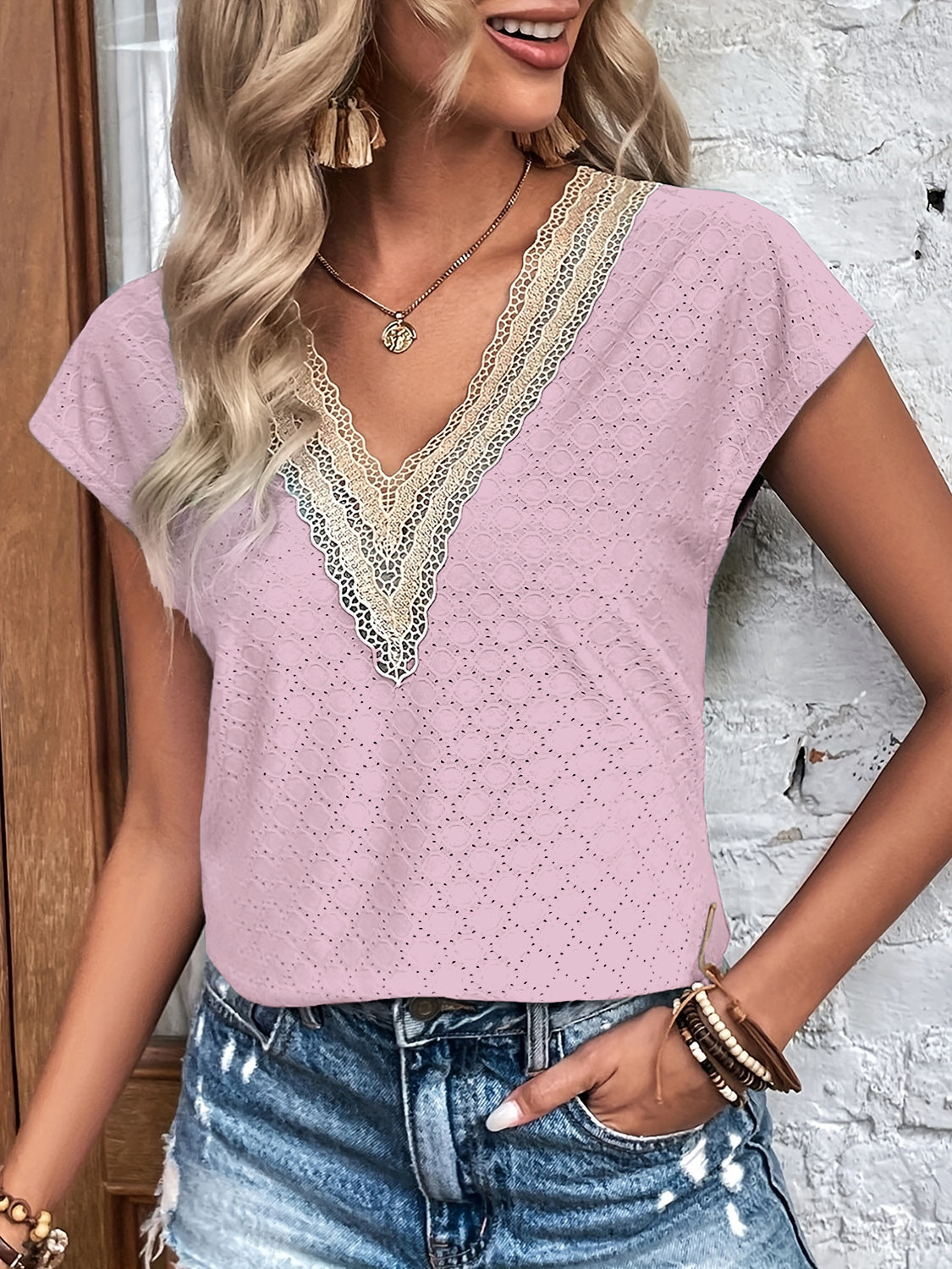 Honeybee Mumford's Eyelet V-Neck Cap Sleeve Blouse