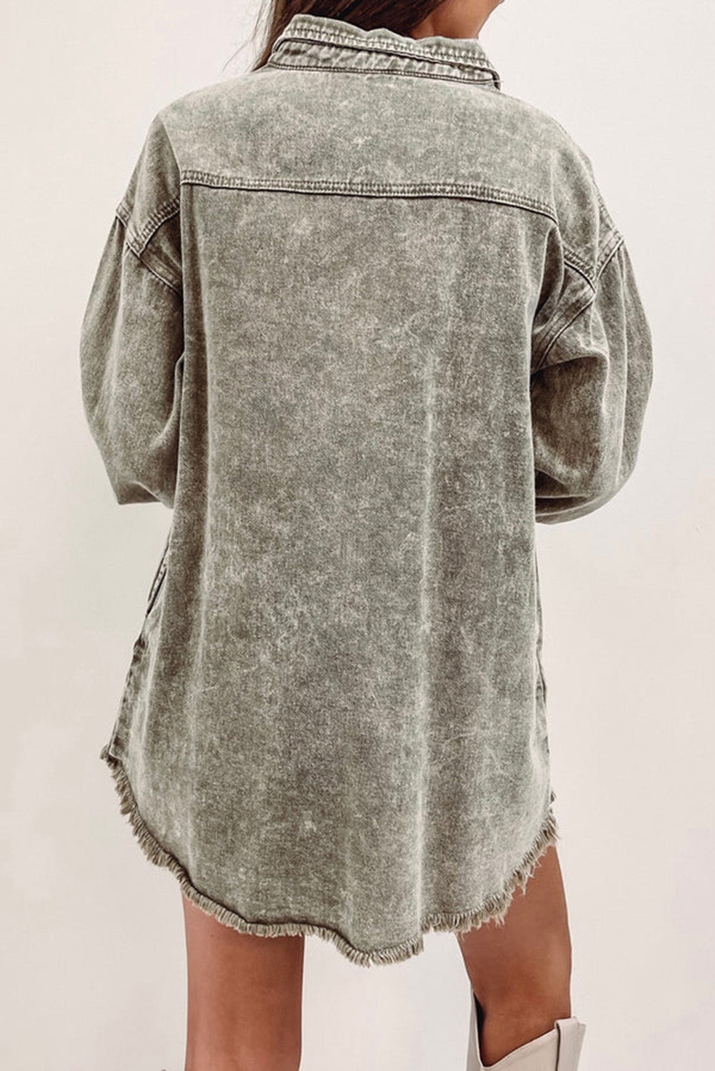 Honeybee Mumford's Sage Green Acid Wash Flap Pocket Raw Hem Tunic Denim Jacket