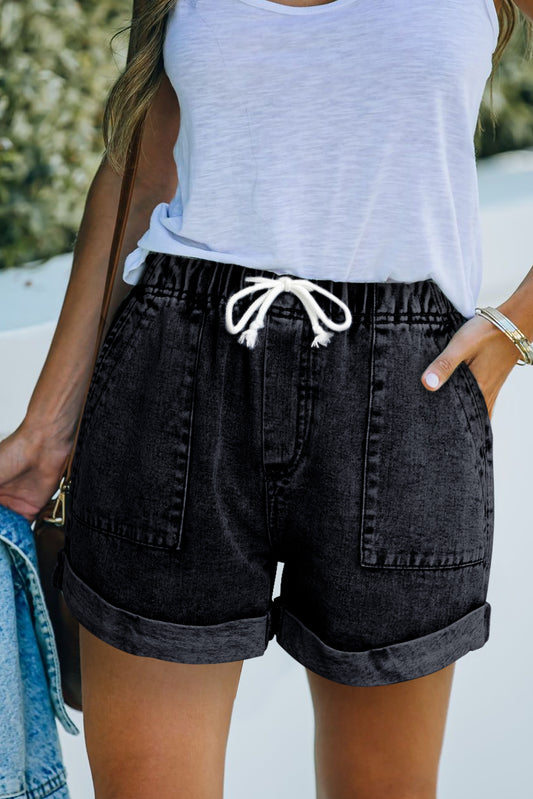 Honeybee Mumford's Black Pocketed Drawstring High Waist Denim Shorts