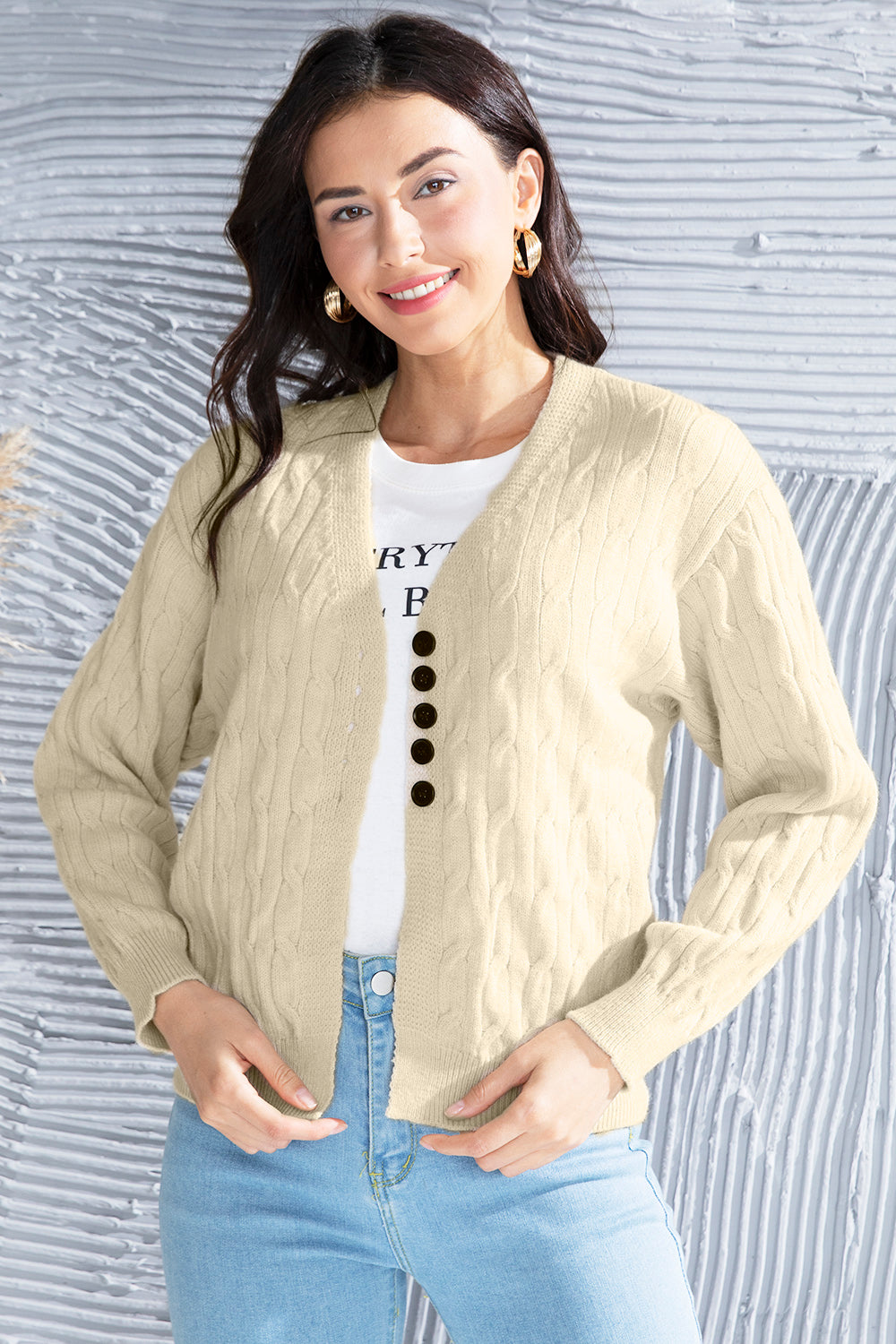 Honeybee Mumford's Cable-Knit Button Up Dropped Shoulder Cardigan