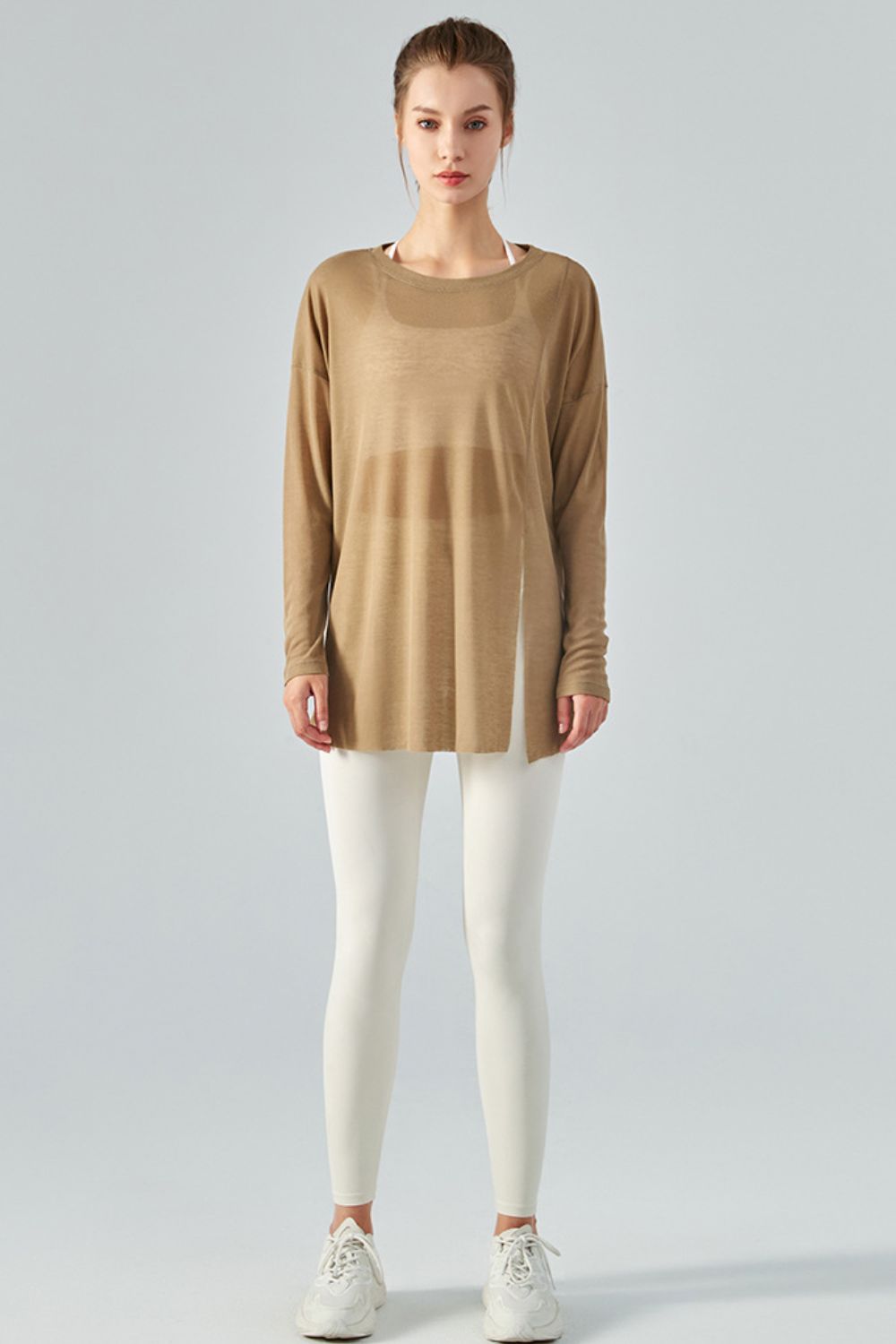 Honeybee Mumford's Round Neck Slit Sheer Tunic Sports Top