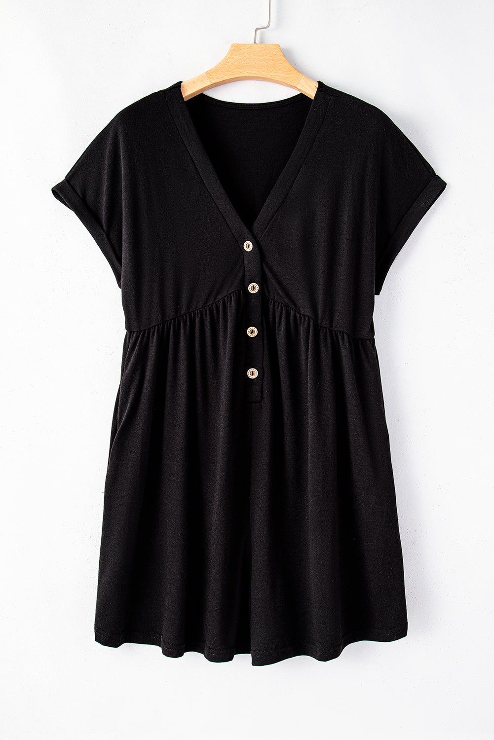 Honeybee Mumford's Black V Neck Buttons Loose Cuffed Short Sleeve Romper