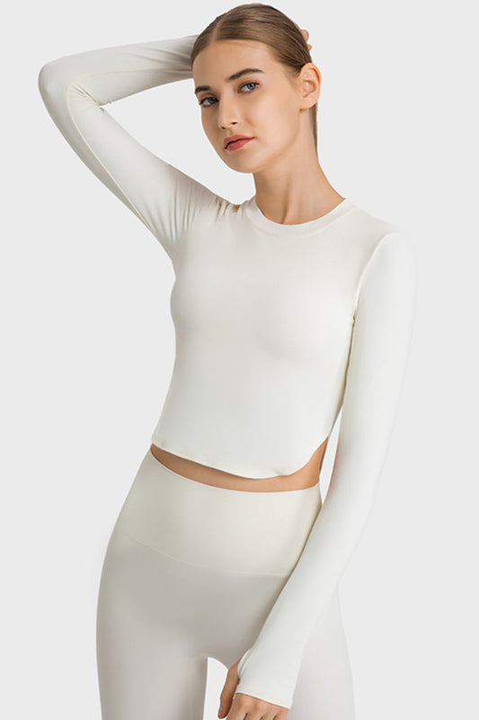 Honeybee Mumford's Side Slit Long Sleeve Round Neck Crop Top