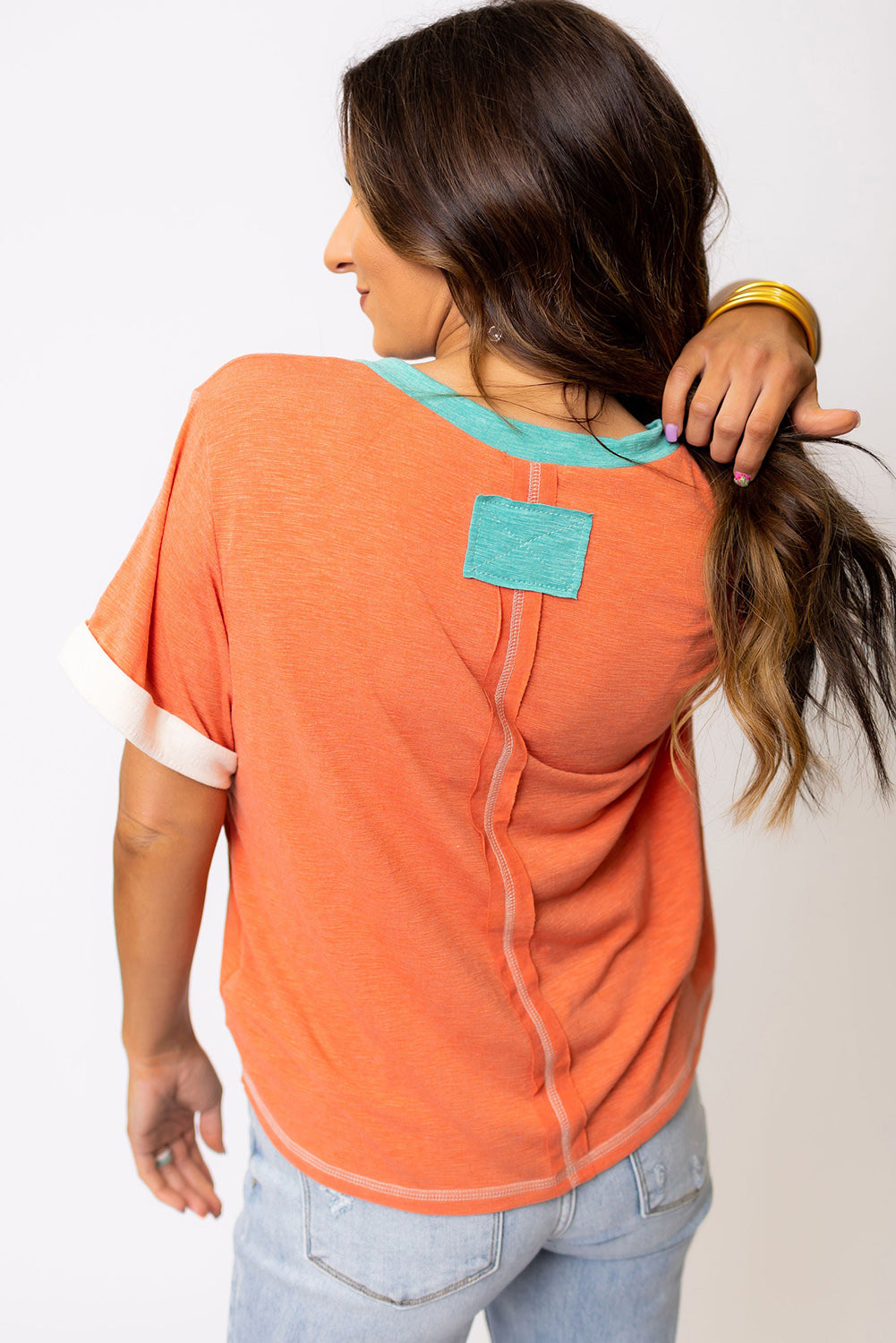 Honeybee Mumford's Grapefruit Orange Contrast Trim Exposed Seam V Neck T-shirt