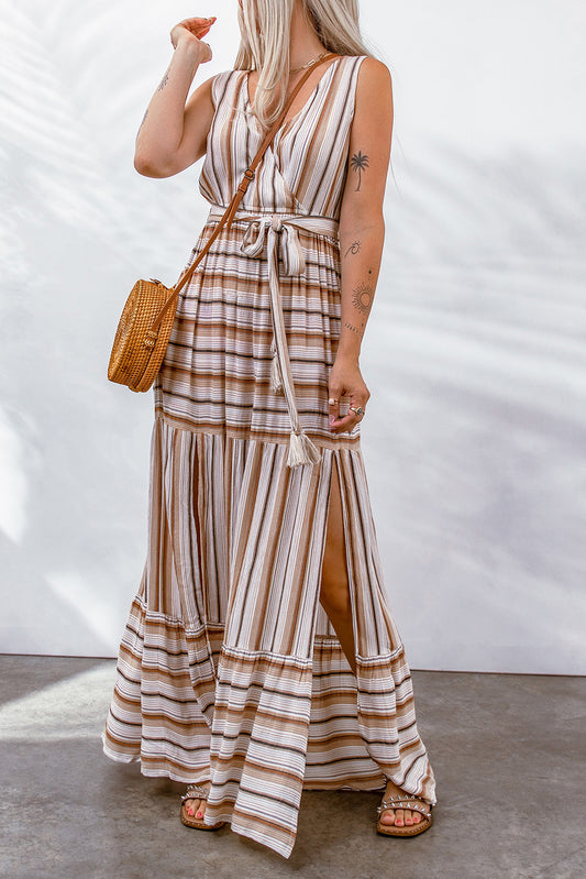 Honeybee Mumford's Striped Tie Waist Slit Sleeveless Dress